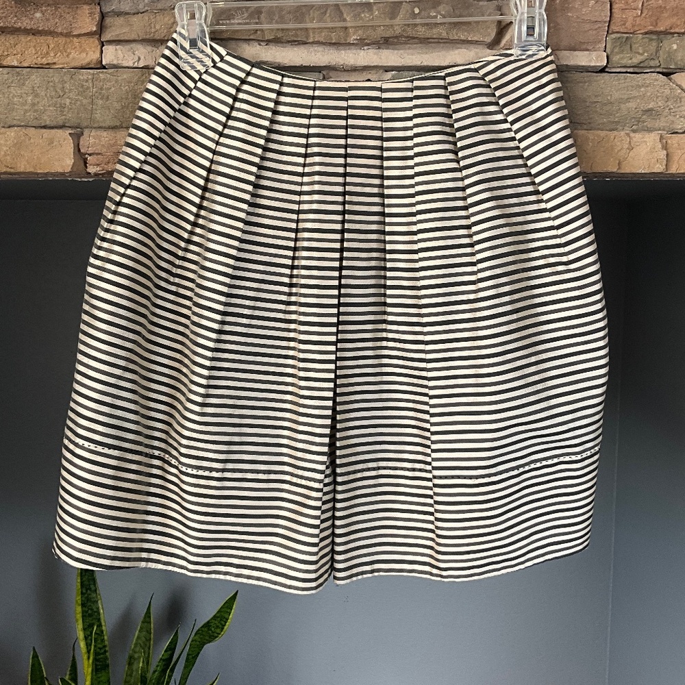 Brian Reyes Silk Striped Pleated Mini Skirt Preppy Office Neutral Black Cream 4